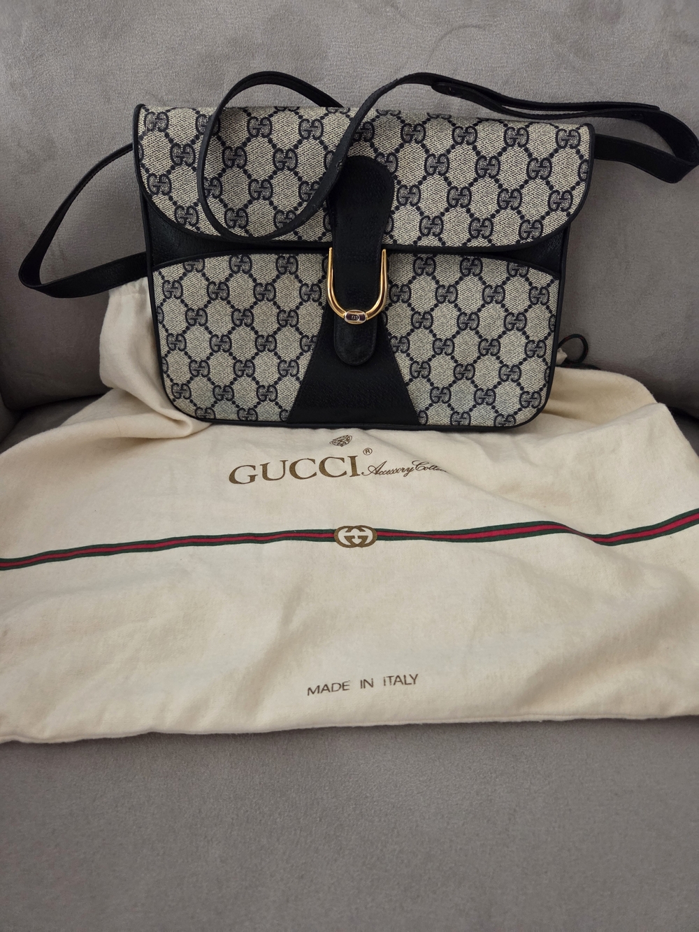 Gucci Beige GG Canvas Shoulder Bag with Black Leather Trim